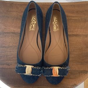 Salvatore Ferragamo Varina Denim Ballet Flats with Studded Bow